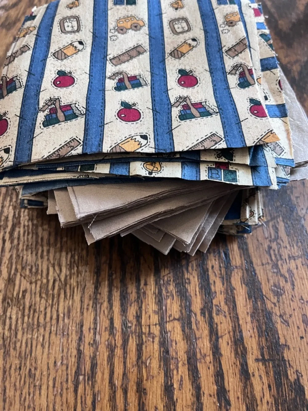 Quilt cotton patches Blue & Tan School Print fabric
